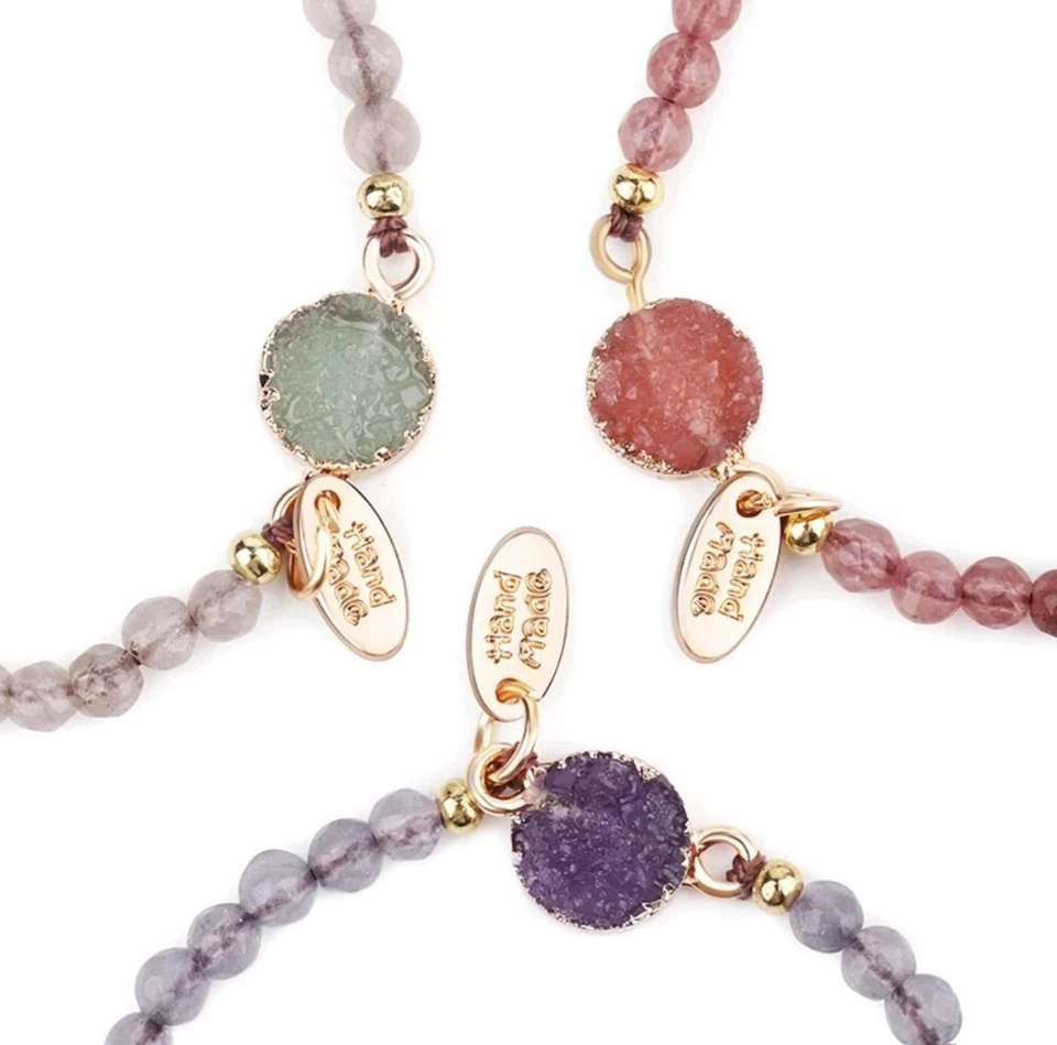 Natural Gemstone Amethyst Rose Quartz Small Ball Woven Adjustable Bracelet 756 - Image 2 of 4