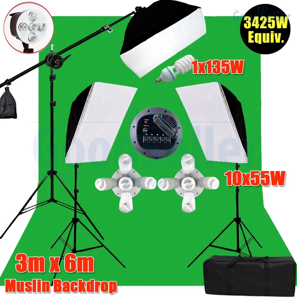 3X6M Chroma Key Green Screen Backdrop Studio Softbox Lighting Boom Arm Stand Kit