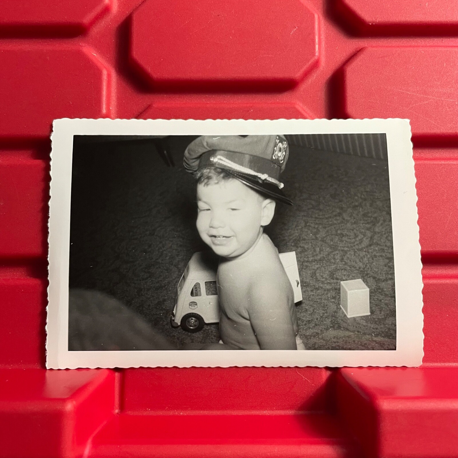 Young Boy Smiling In Hat By Toy Truck 5 x 3.5 Photograph Kodak Vintage 1950s