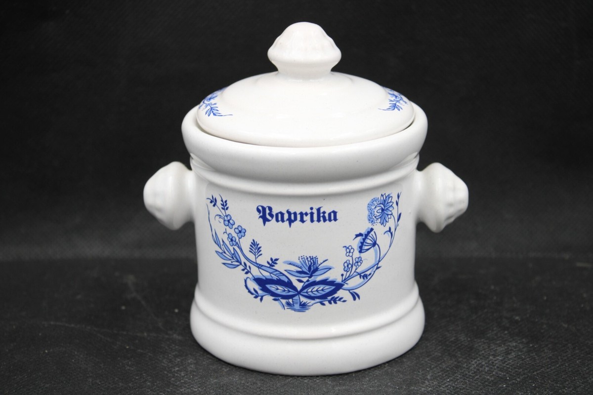 BSW Keramik Deckeldose für Paprika Dose mit Deckel weiß / blau Vintage H 12 cm