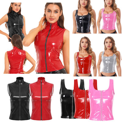 US Women Shiny Metallic PVC Leather Crop Tank Tops Sleeveless Tank Vest Clubwear