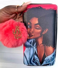 Women Wallet Furball Keychain Coin purse Wallet Black Girl Wallet Ladies Wallet