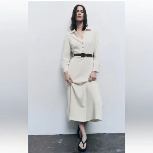 Zara Womens Shirt Midi Dress S Ivory Ecru Long Sleeve Belted 2288/522 NWT - Picture 2 of 10