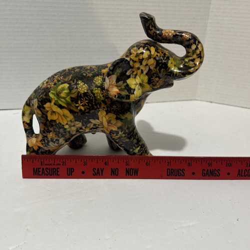 La Vie Elephant Figurine Floral Flowers Print Patchwork Ceramic Vintage - Picture 2 of 5