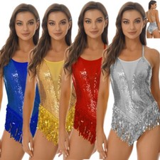 US Womens One-Piece Tassel Sequins Bodysuits Leotard Latin Ballet Dance Costume