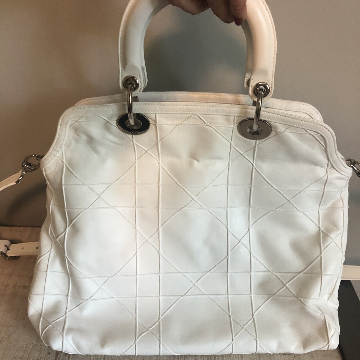 CHRISTIAN DIOR White Cannage 2 way Granville Cannage Satchel