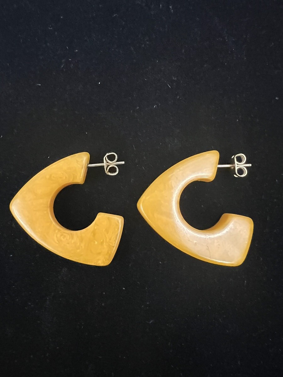 Vintage Butterscotch Bakelite Hoop Earrings Post Retro Modern