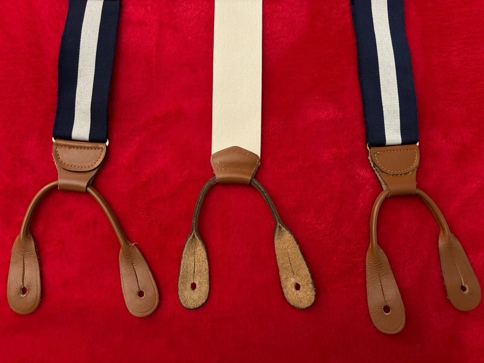 Tirantes a Rayas Azul Marino y Plateado-Blanco Hechos en Inglaterra Royal New York Botón Usados en Excelente Condición Foto 2 de 4