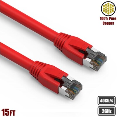 15FT CAT8 RJ45 Network LAN Ethernet Patch Cable S/FTP 2GHz 40Gbps Copper Red
