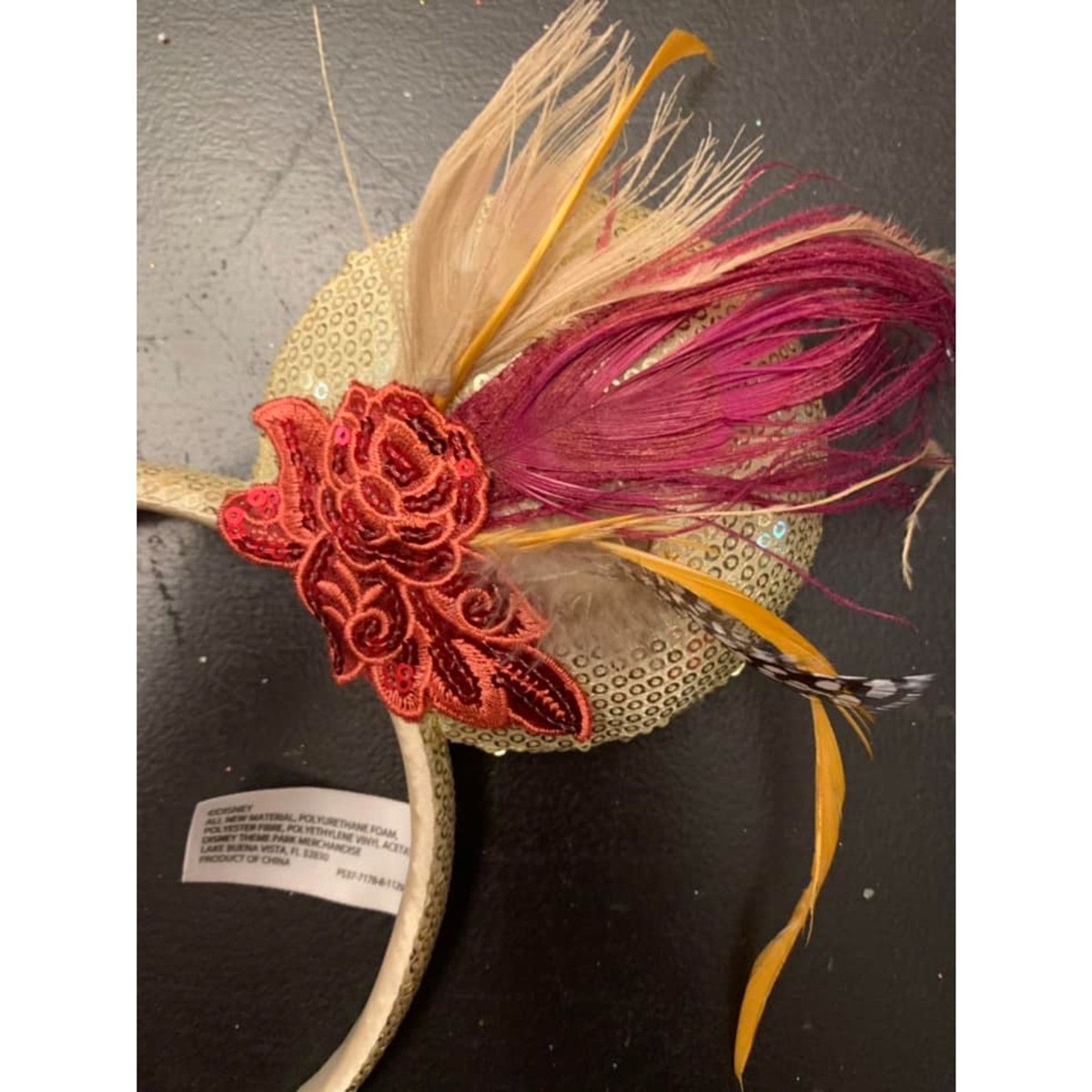 Disney Park Minnie Mouse Ears Gold Sequin Feather Roaring 