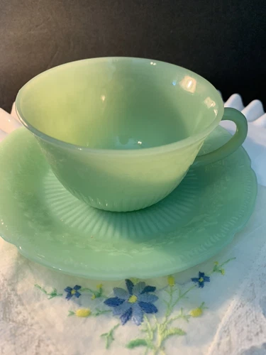 Vtg 🔥HTF FIRE KING 🔥 Jadeite ALICE Pattern Tea Cup and SAUCER SET  OVEN GLASS