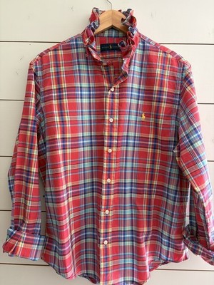 Viral Reworked Upcycled RALPH LAUREN Red Plaid Shirt Ruffle Collar, Large