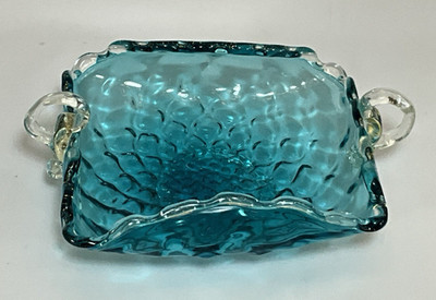 Vintage Murano Quilted Glass Aqua 2 Handle Bowl by NASCO VENETIAN GLASS Company