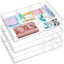 3 Pack Stackable Clear Drawer Organizer Trays 13.7" x 8.7" x 2" Plastic Acryl...