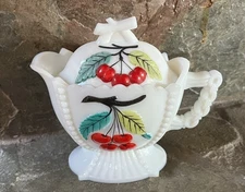 VINTAGE WESTMORELAND WHITE MILK GLASS PAINTED CHERRIES & GRAPES LIDDED CREAMER