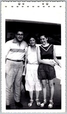 Vtg Color Snapshot Three People Fashion Shorts Sandals Boat Dock 1960s