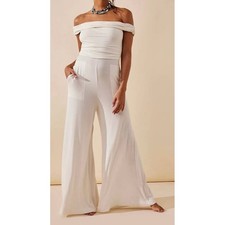 Free People Beach Kenna Ivory Off The Shoulder Wide Leg Jumpsuit Small Pockets