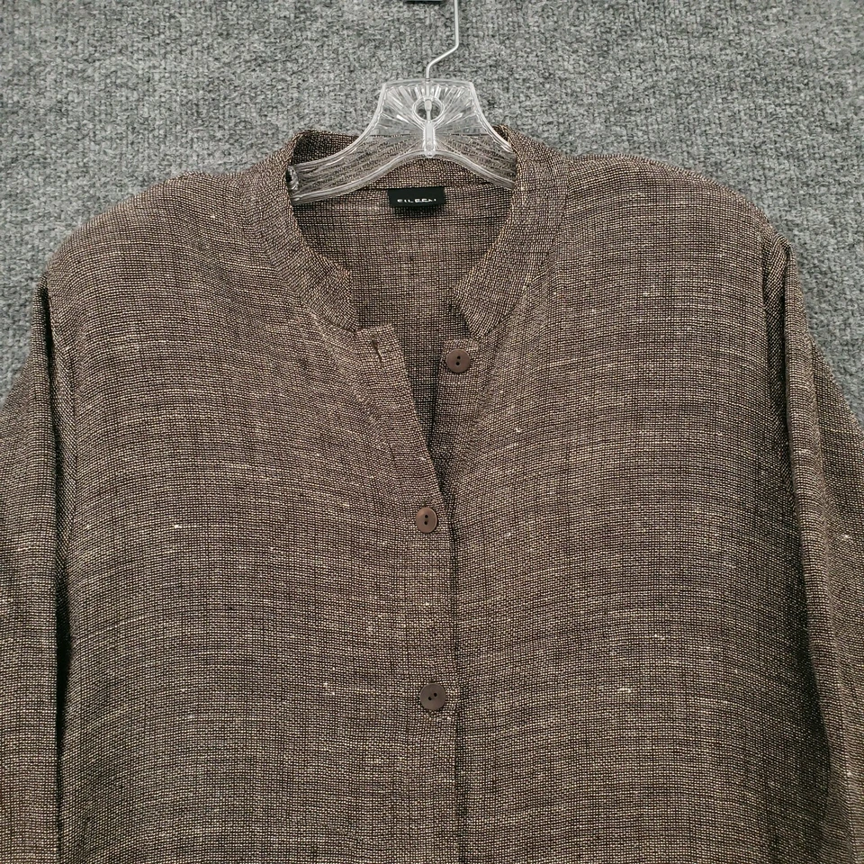 Camisa Eileen Fisher feminina XL marrom manga 3/4 túnica mistura de linho colarinho mandarim - Imagem 4 de 4