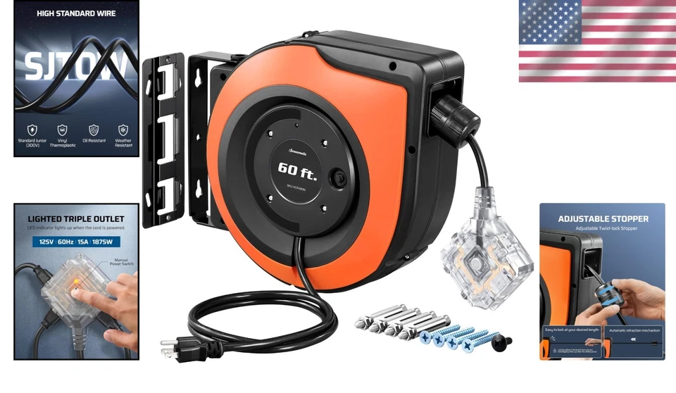 SJTOW 60FT Retractable Extension Cord Reel - 6 Grounded Outlets for Efficiency - Image 2 of 4