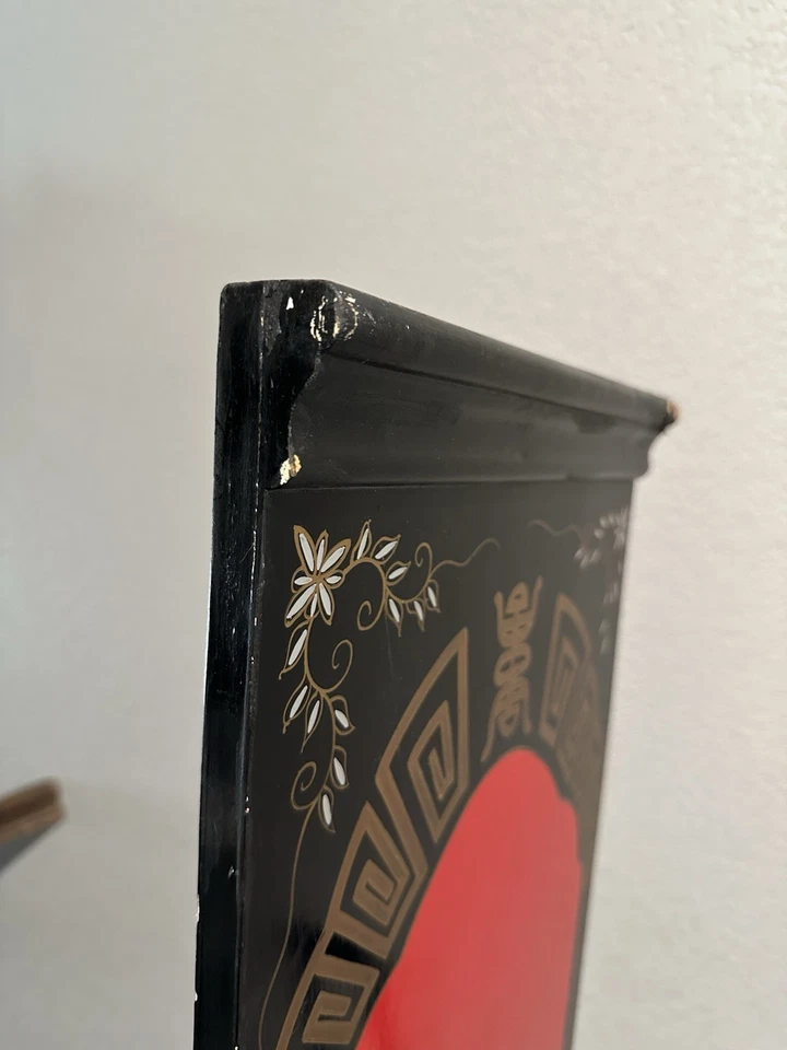 Винтажная азиатская китайская восточная черная лакированная и перламутровая настенная художественная панель - Изображение 3 из 4