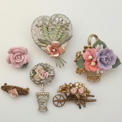 Vtg Porcelain Resin Rose Brooch Lot Victorian Revival Garden Spring Cottagecore