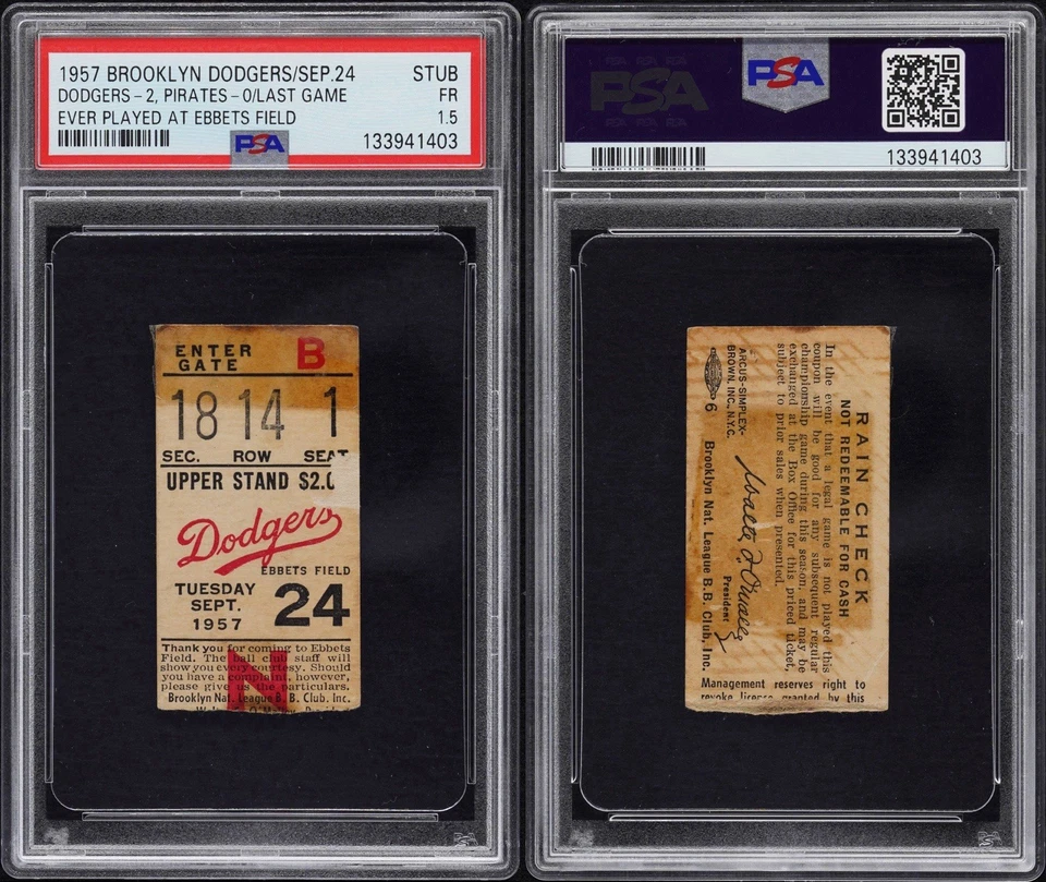 1957 年最后一场比赛在 EBBETS Field 门票 9/24/57 道奇对海盗 PSA — 第 3/4 张图片