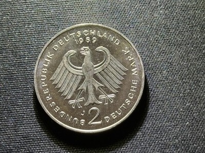 Design in Deutschland 1933–45 1989 J Germany 2 Deutsche Mark Coin, Bundesrepublik