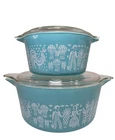 Vtg Pyrex #473 + 475B Turquoise White Amish Butterprint Casserole Lids 1/ 2.5 qt
