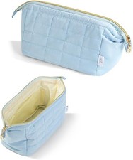 Quilted Makeup Bag Puffy Cosmetic Pouch Dusty Blue