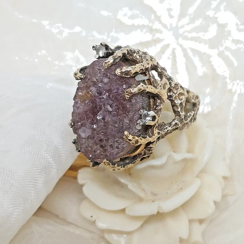 70's Vintage Panetta Sterling Gold Plated Drusy Quartz Brutalist Ring Size 5