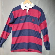 Halbro Rugby Shirt Men's L Navy Red Cotton Striped Long Sleeve Collared