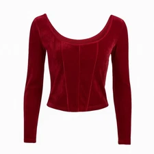New Elodie Red Velvet Long Sleeve Corset Top Womens Size L Scoop Neck