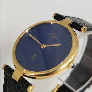 Authentic Must de Cartier 30MM Blue Dial Quartz Watch 925 Sterling Silver Gold Plated