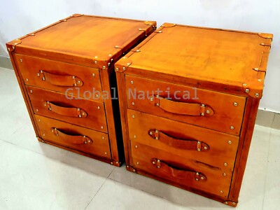 Pair of Finest Leather Trunk 3 Draw Occasional Inspired Side Table Trunks