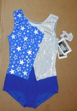 NWT Gymnastic Leotard Royal Silver Stars Foil Childs XLC w/Silver Scrunchie