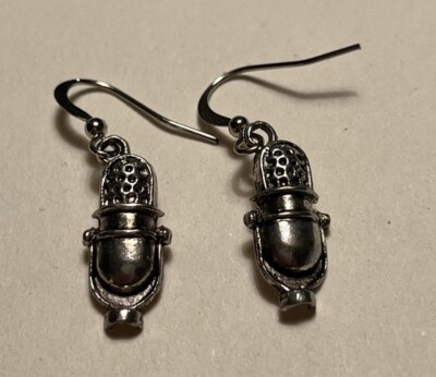 Microphone Mic Pierced Earrings Dangle Drop Silvertone Sound Music Jewelry NWOT