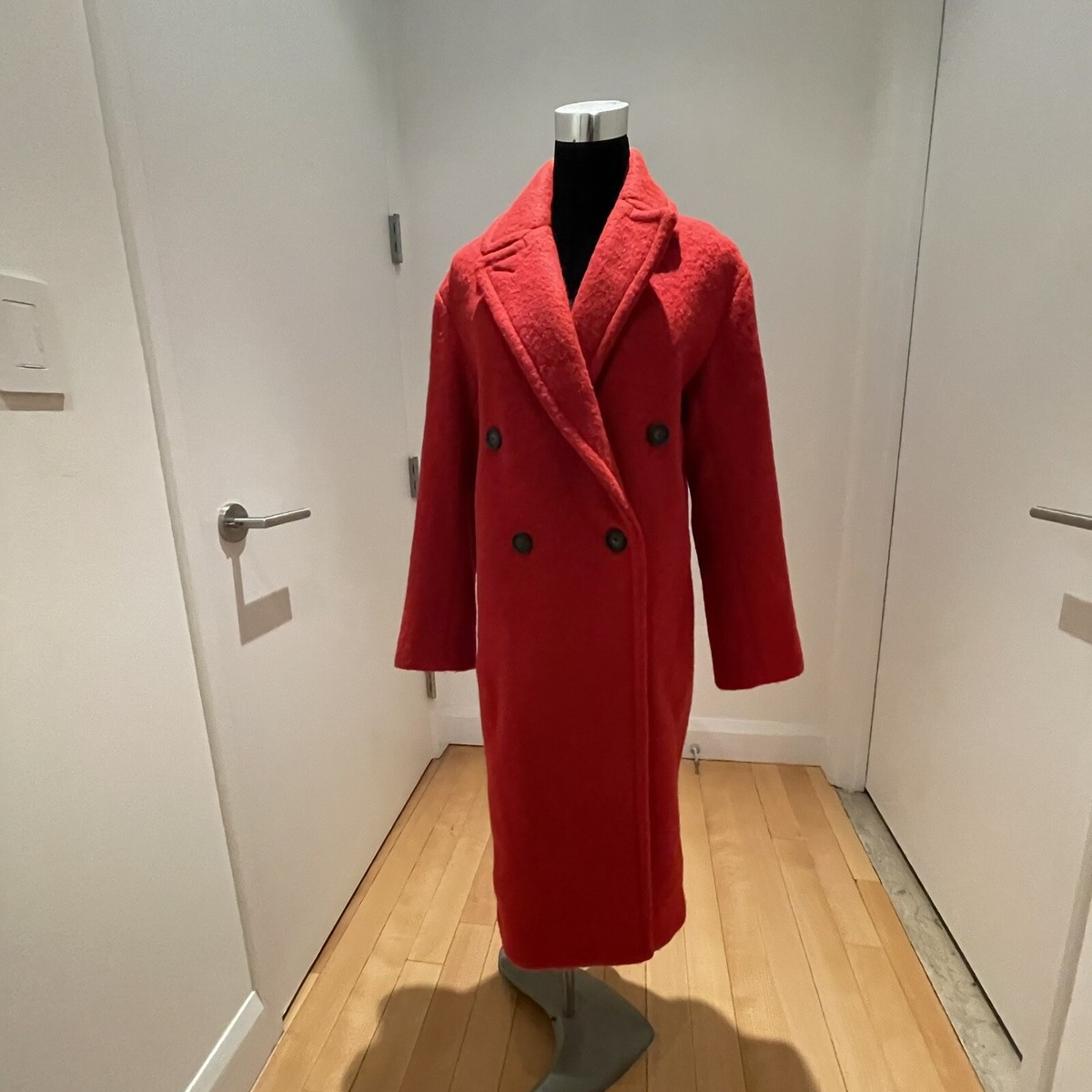$895 VINCE-Womens Brushed Double Breasted Coat-Red Wool Blend