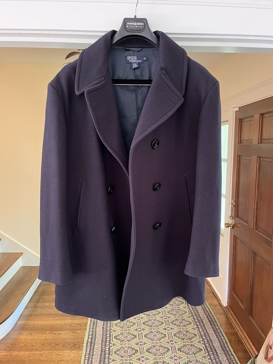 VTG POLO Ralph Lauren Navy Wool Peacoat L Jacket w Anchor