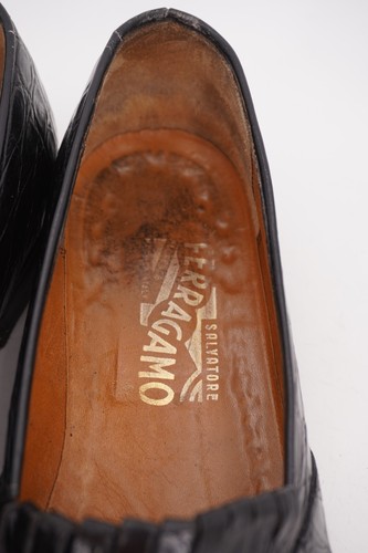 $2650 | MOCASÍN SALVATORE FERRAGAMO 8 D COCODRILO NEGRO CENTAVO PUNTA DIVIDIDA ITALIA - Imagen 13 de 19