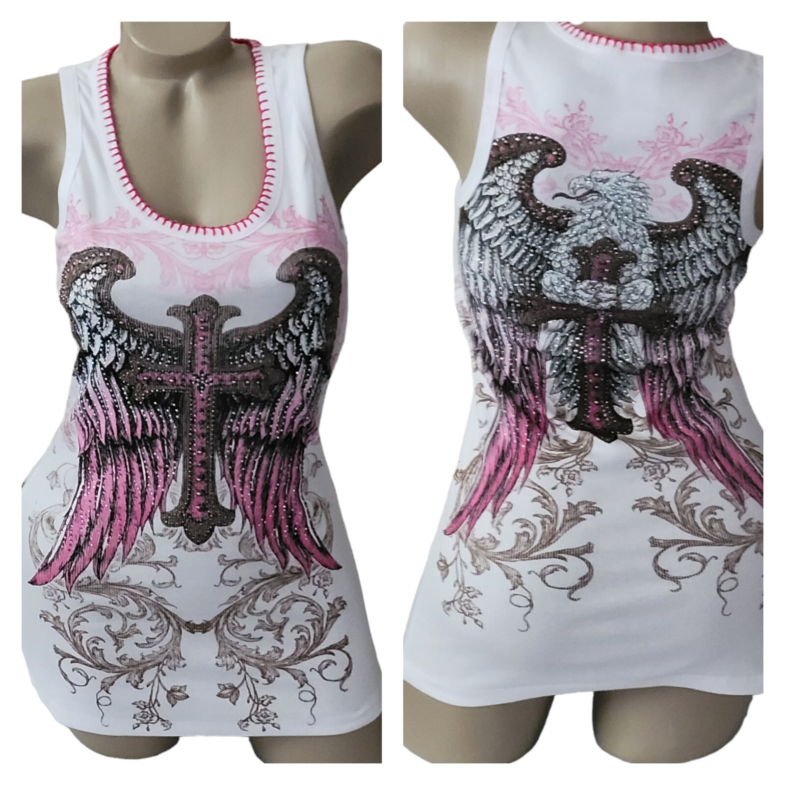 VOCAL White Cross Wing Embellished Ribbed Tank Top in Sizes S M L XL