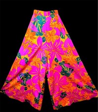 Vintage 70s Handmade Bright Floral Silk Wide Leg Palazzo Pants Psychedelic SM