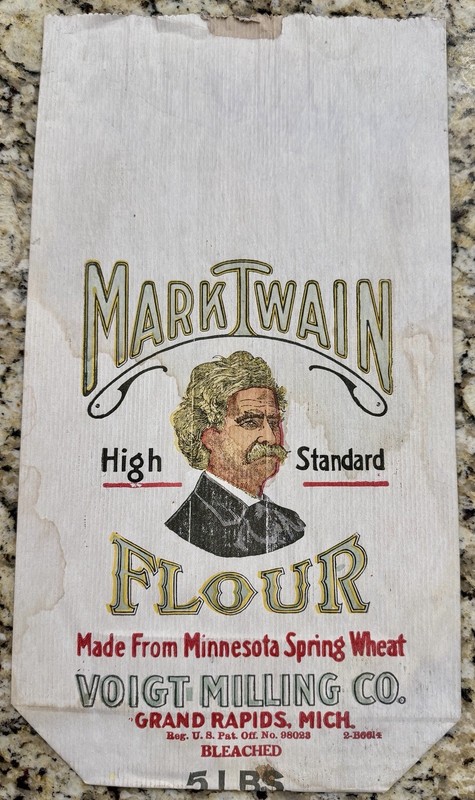 Vintage Mark Twain 5lb Flour Bag - 8 1/4” x 15” Voigt Milling Co Grand Rapids MI