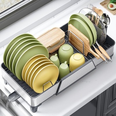 Large Dish Drying Rack Triple Expandable Dish Rack Kitchen Counter Stainless