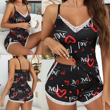 Women Sexy Lingerie Lace "LOVE" Print Top Shorts Babydoll Pajamas Set Nightie US