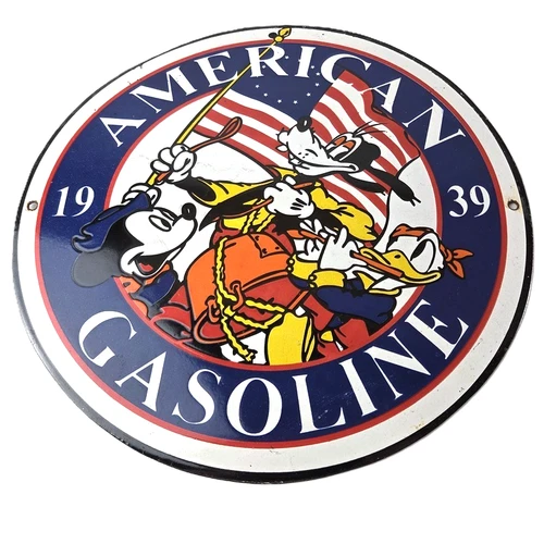 Vintage American Gasoline Porcelain Sign - Mickey Disney Gas Pump Plate Sign