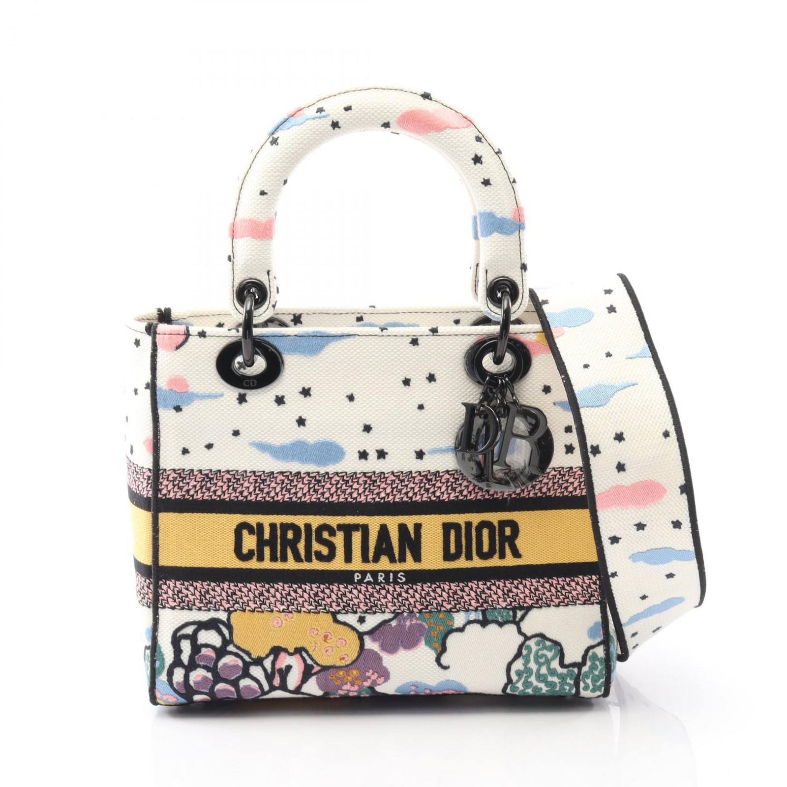 Christian Dior LADY D-LITE Medium tote crossbody shoulder Handbag canvas White