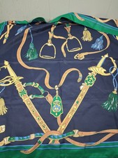 Navy Blue Gold Equestrian Chain Belt Print Scarf 30in Square Made Italy Horse