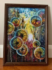 Handmade painting, embroidered with beads on gabardine /A4/ With frame