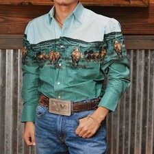 2025 Men's Long Sleeve Western Denim Shirt, Outdoor Casual Party, HD Pattern