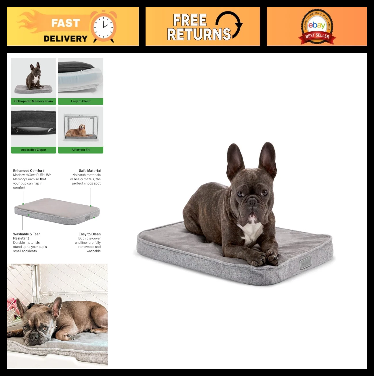 Premium Orthopedic Memory Foam Dog Bed - Crate Pad for Small Dogs - Grey